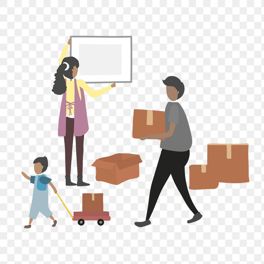 Family unpacking boxes png clipart, house moving cartoon