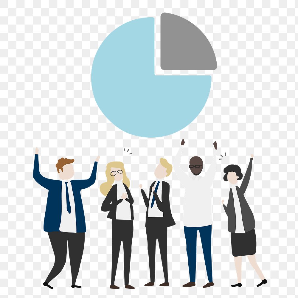 Business success png clipart, people cheering with pie chart