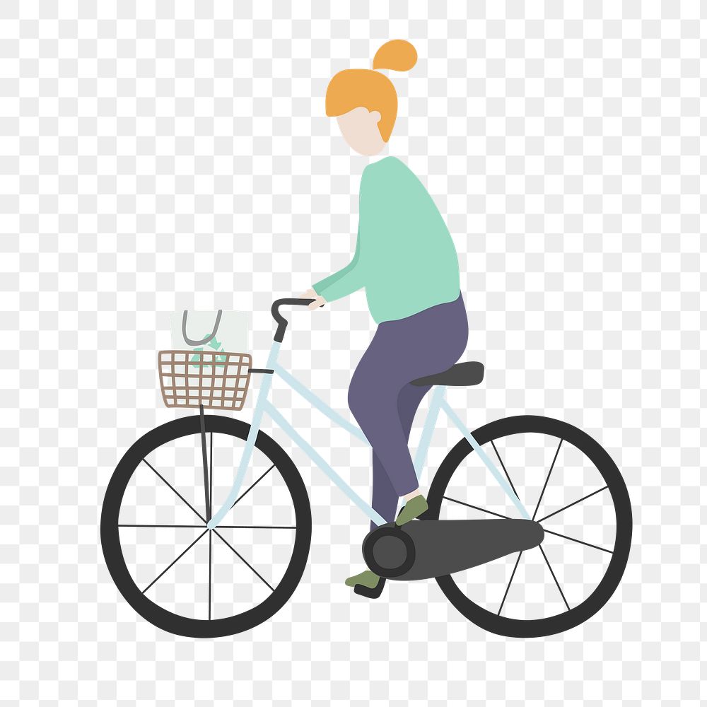 Woman png riding bicycle clipart, sustainable lifestyle illustration