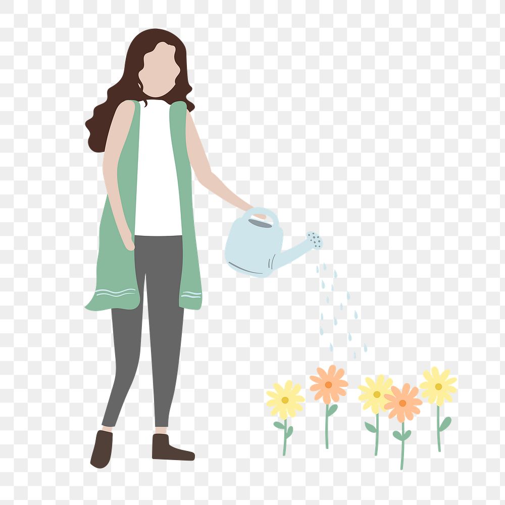 Woman watering flower png clipart, gardening hobby illustration
