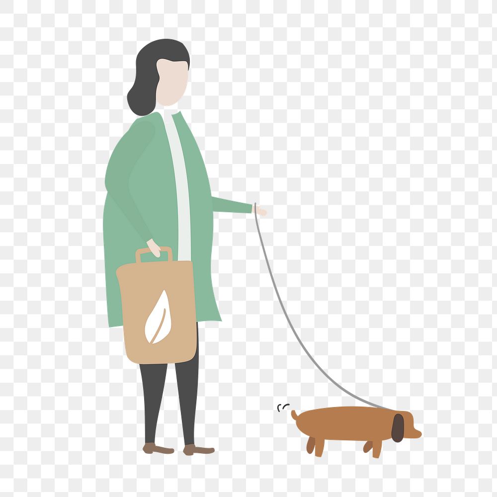 Woman walking dog png clipart, carrying recyclable bag