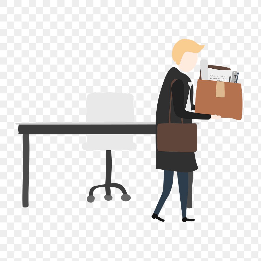 Fired business man png clipart, carrying box leaving office illustration