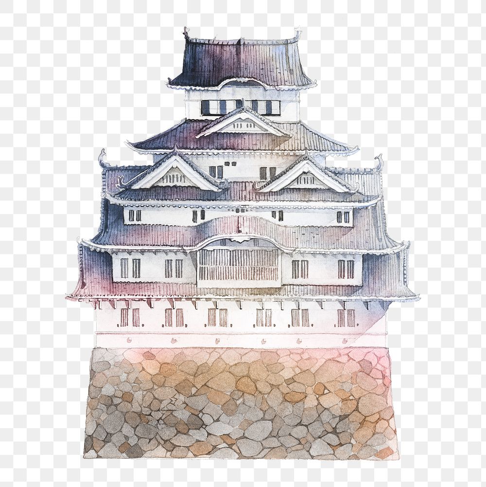 Japanese Himeji Castle png watercolor illustration on transparent background, transparent background