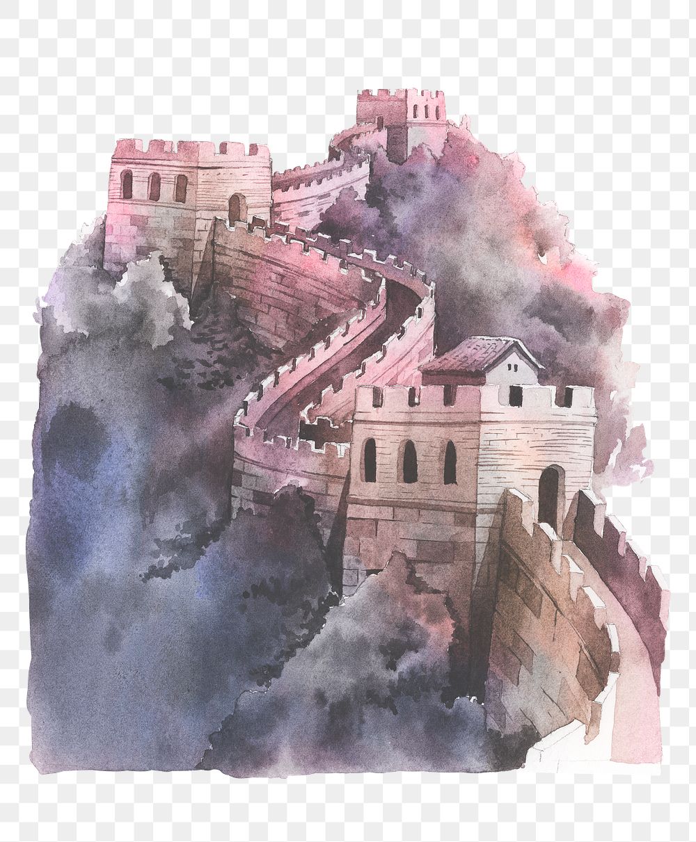 Great Wall of China png watercolor illustration on transparent background