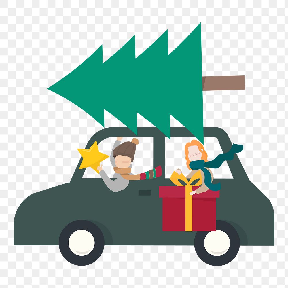 Christmas png cartoon clipart, couple bringing Christmas tree home on a car illustration on transparent background