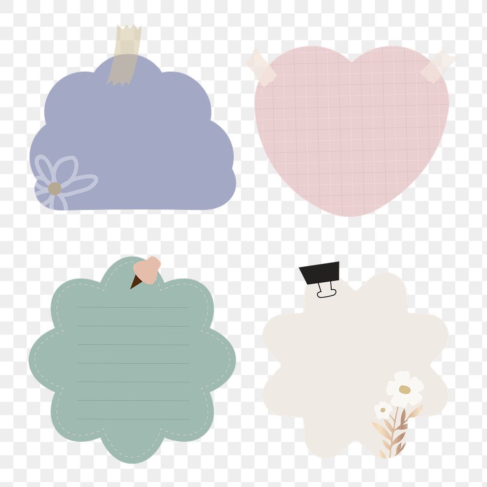 Set of different shape and color reminder notes on transparent