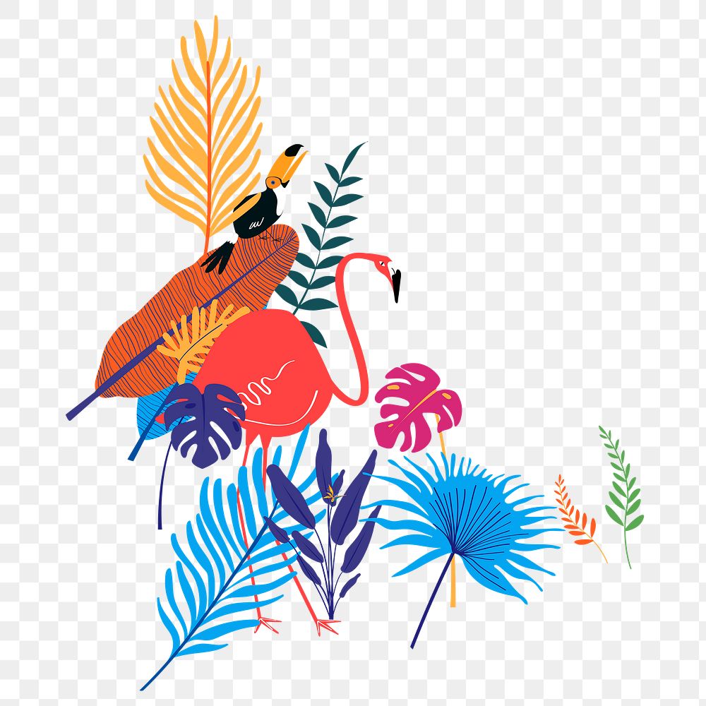 Bird botanical png clip art sticker, flamingo and toucan, transparent background 