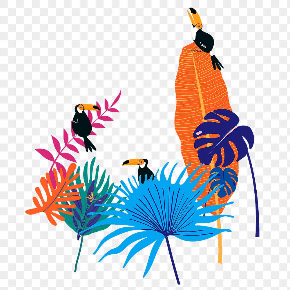 Toucans and leaves png clip art sticker, transparent background 