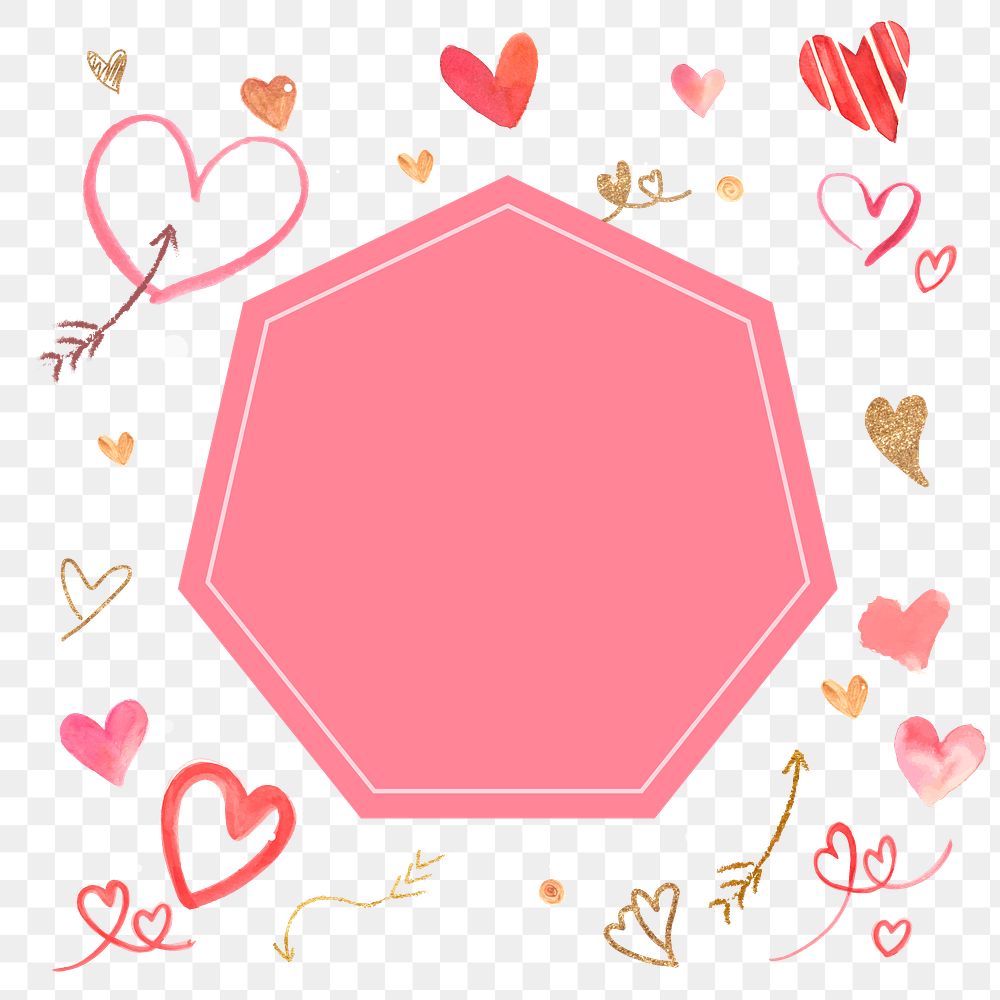 Heart pattern border frame png in watercolor transparent background