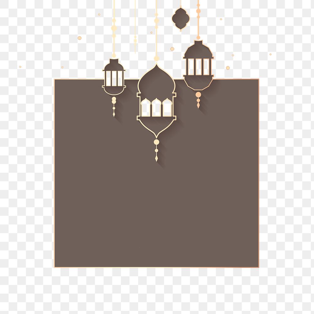 Png gray Islamic square frame with beautiful Ramadan lantern lights