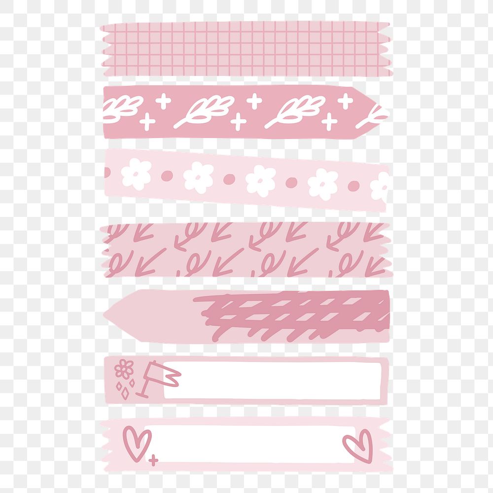 PNG pink washi tape, doodle pattern, journal collage element, transparent background set