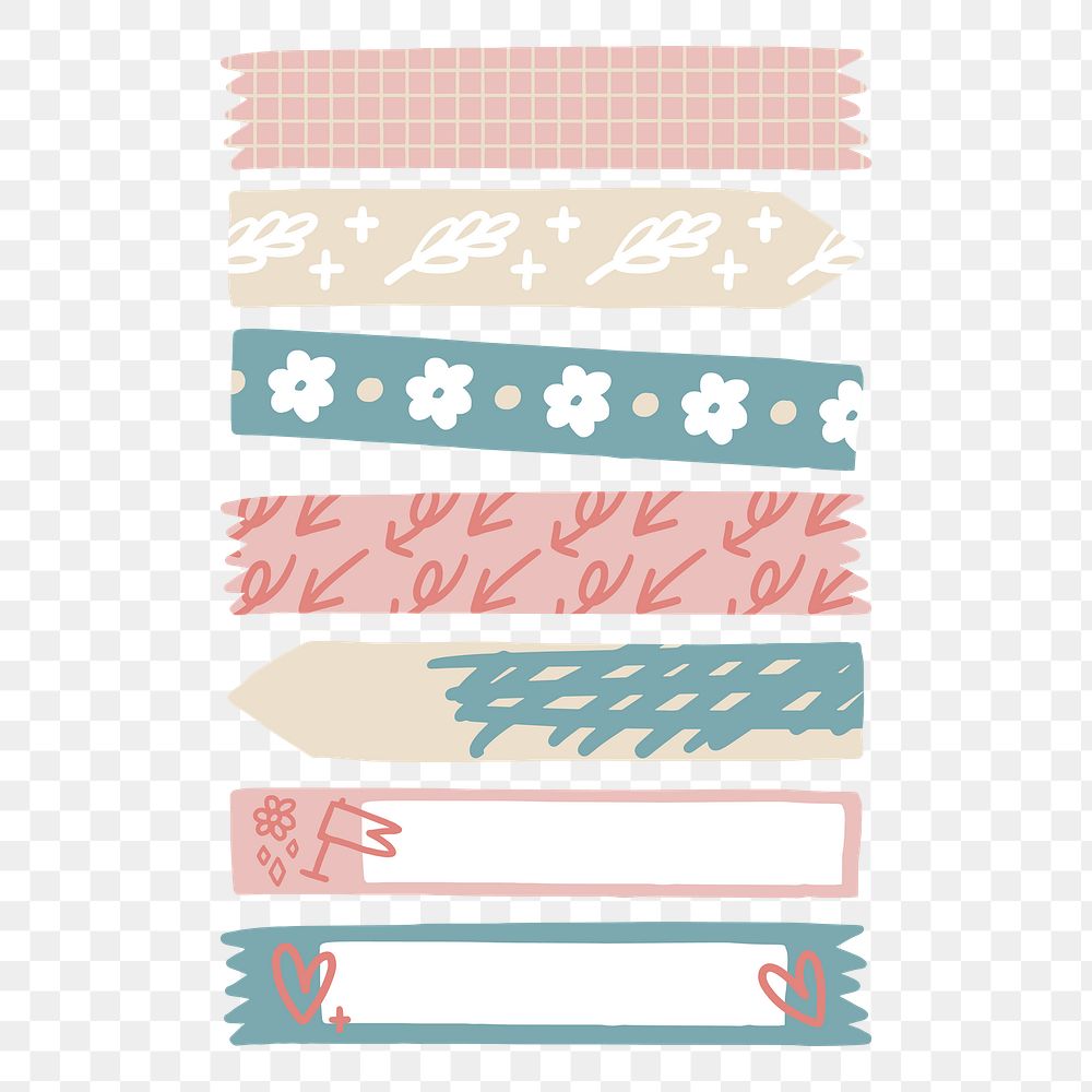 Washi tape png, pastel doodle journal collage element, transparent background set