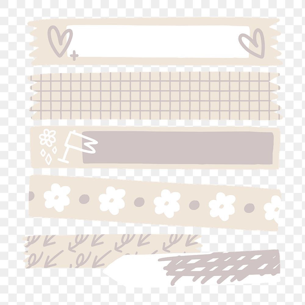 PNG beige washi tape, doodle journal collage element, transparent background set