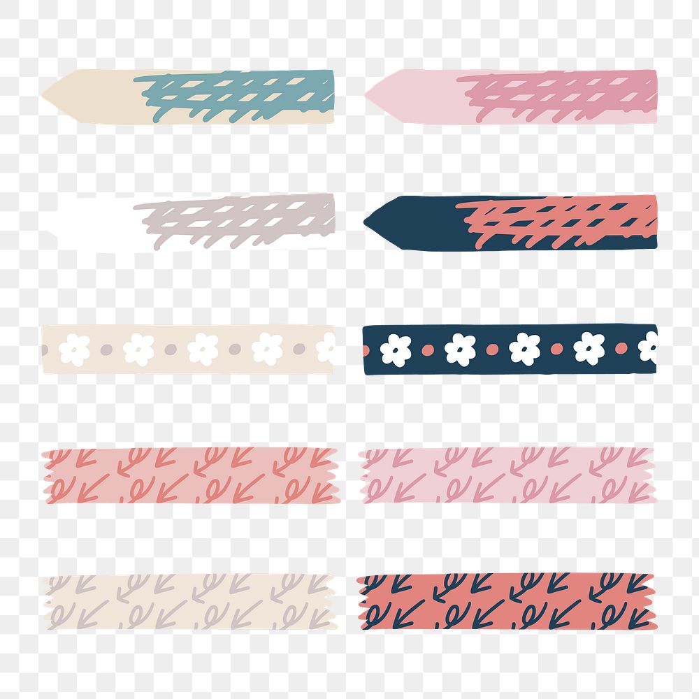 PNG doodle patterned washi tape, journal collage element, transparent background set