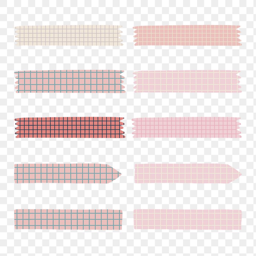 PNG pastel washi tape, grid pattern, journal collage element, transparent background set