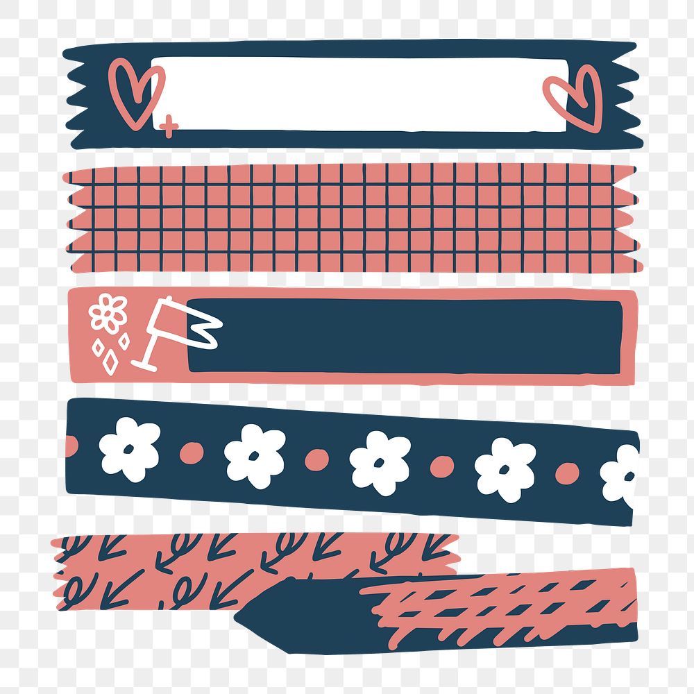 Washi tape png, doodle pattern, journal collage element, transparent background set