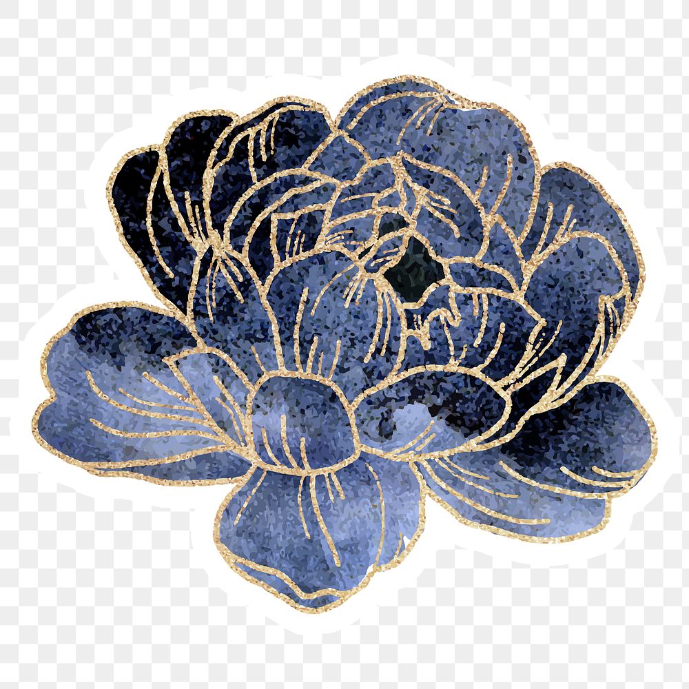 Blue peony flower sticker overlay with gold elements