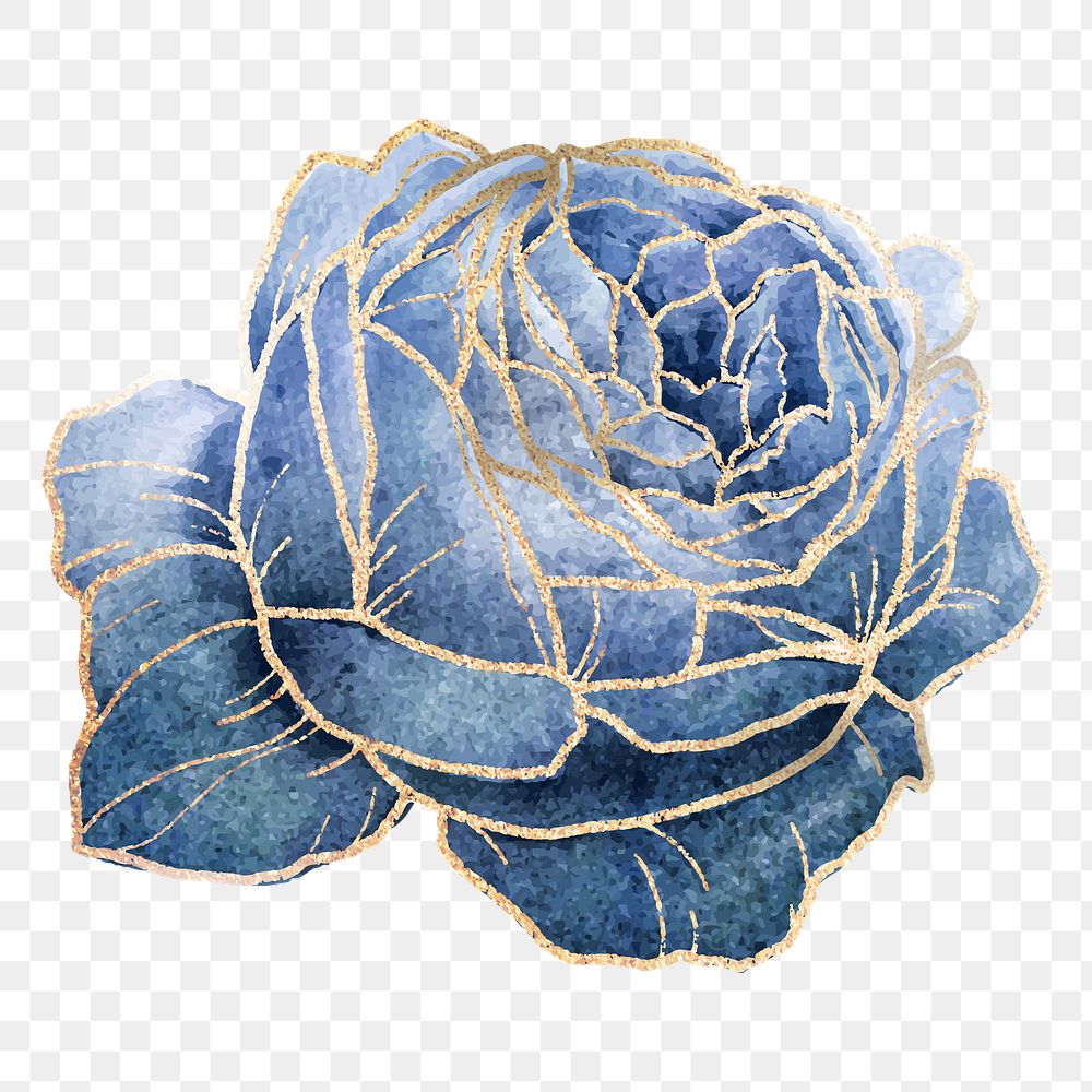 Blue cabbage rose flower sticker overlay with gold elements
