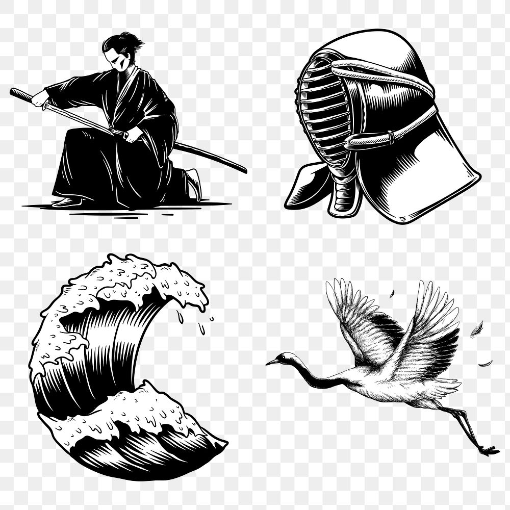 Traditional Japanese sticker design elements set