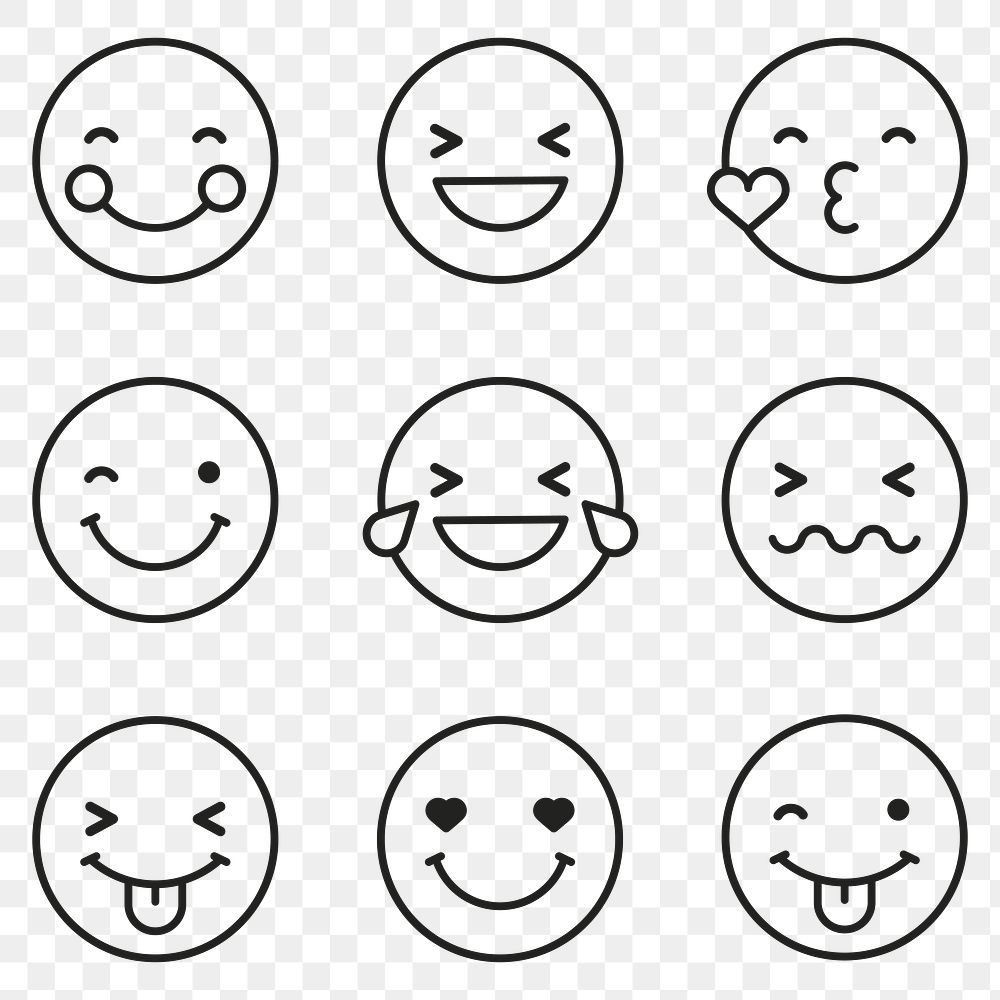 Black outline emoticon set isolated on transparent vector