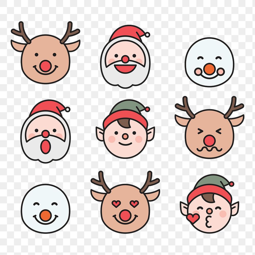 Santa, Rudolph reindeer, elf and snowman emoticon set isolated on transparent vector