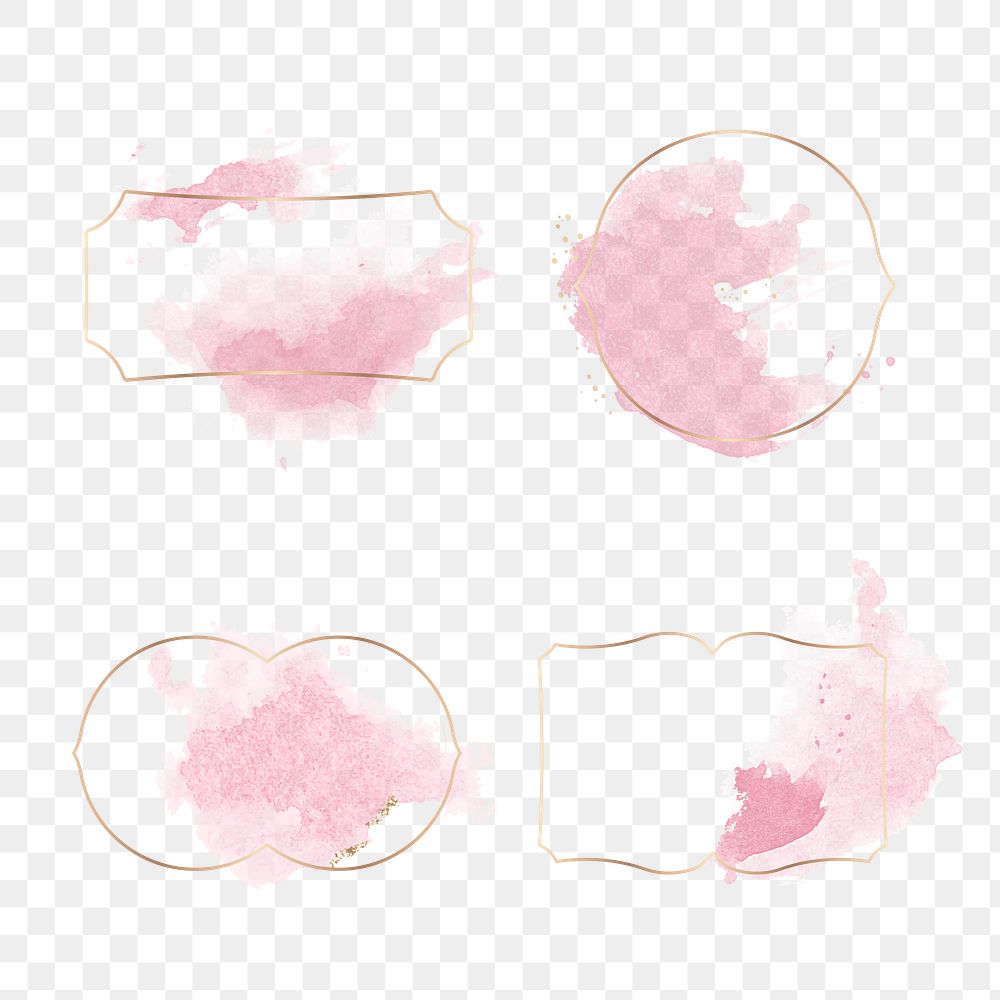 Gold badge with pink watercolor paint set transparent png