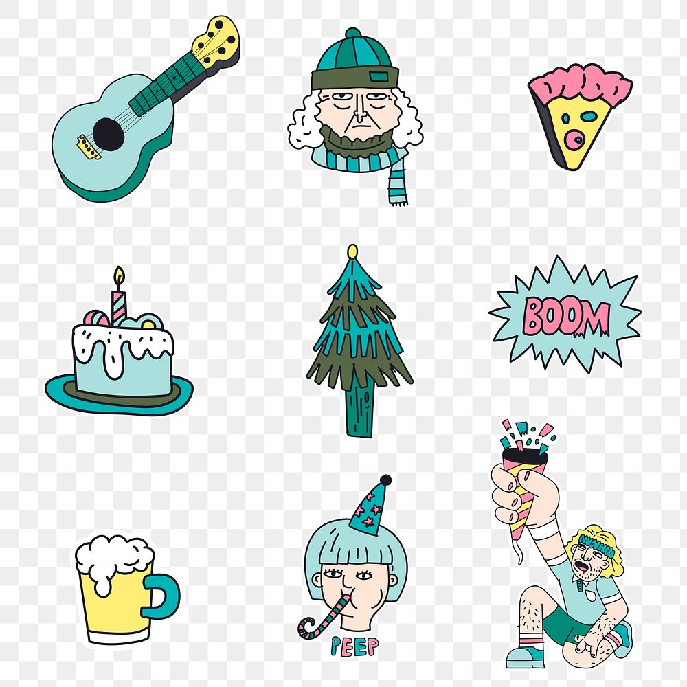 Hand drawn festive stickers collection transparent png