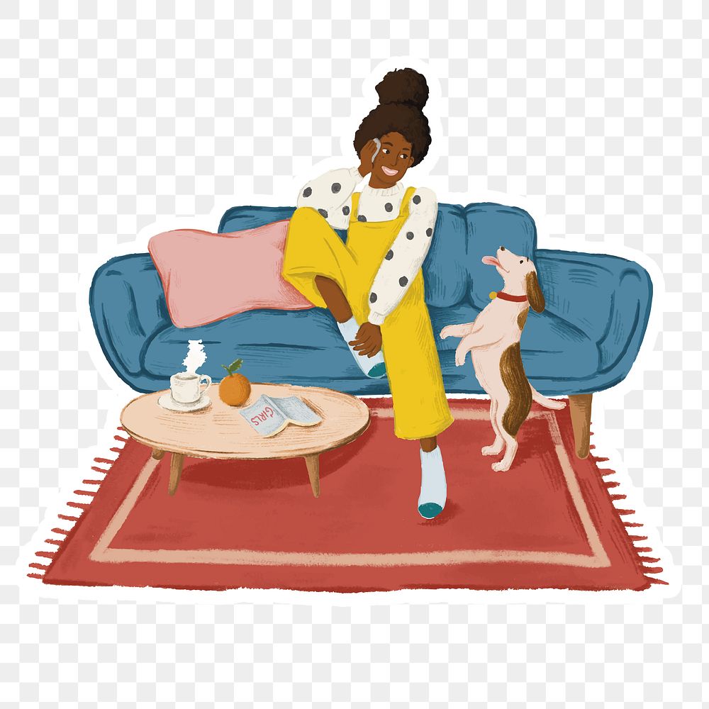Girl playing with her dog in a living room sticker