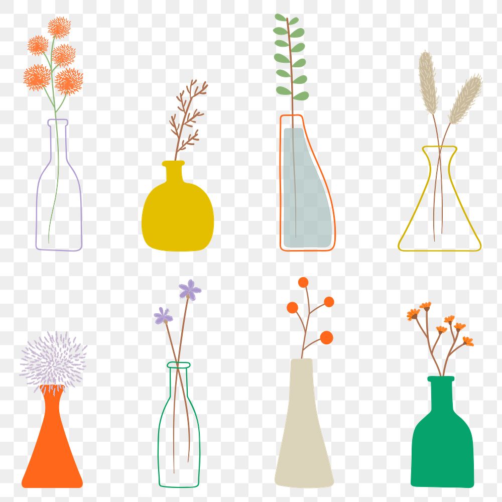 Colorful doodle flowers in vases pattern on transparent