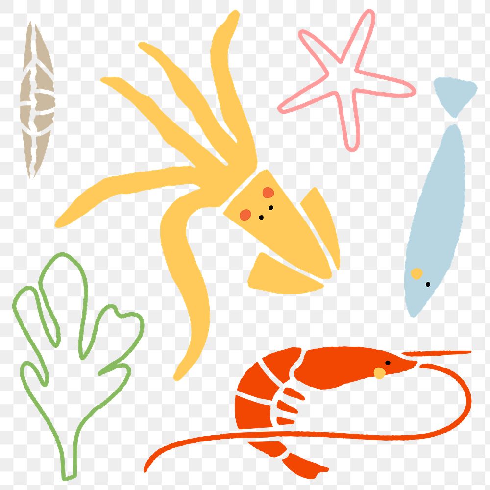 Hand drawn underwater animal collection transparent png
