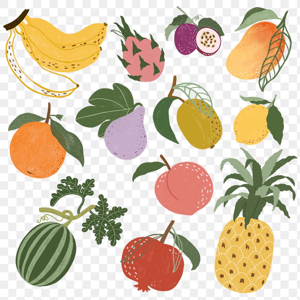 Hand drawn fruits design resource pack transparent png