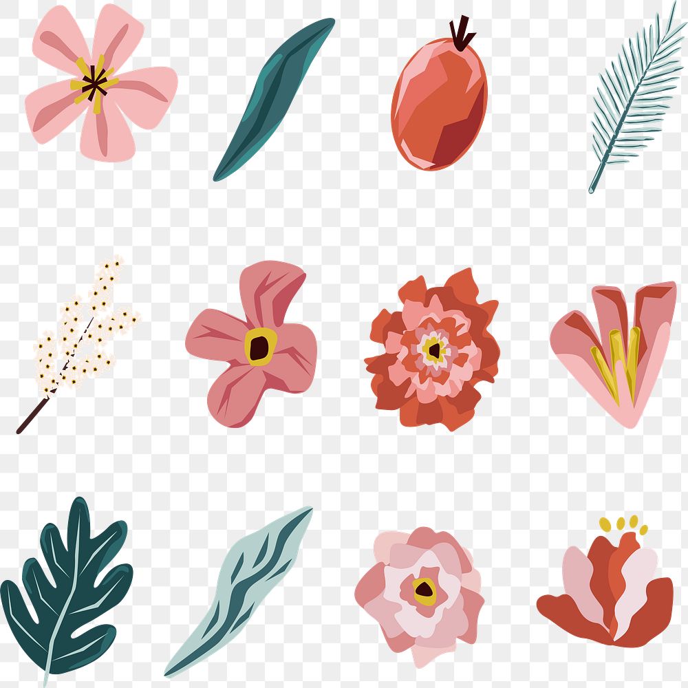 Pink flowers and leaves element set transparent png