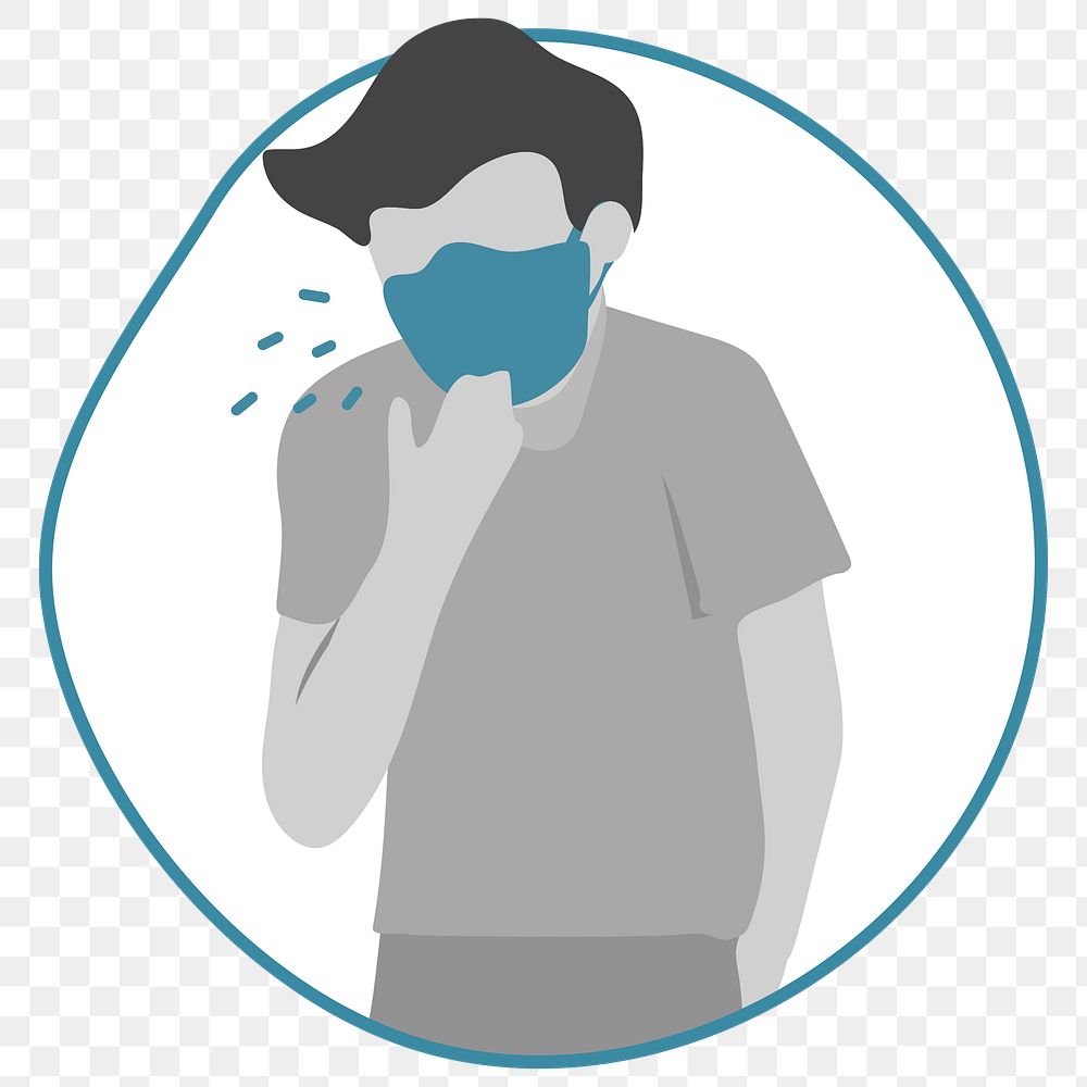 Man infected with covid 19 virus coughing behind a mask transparent png