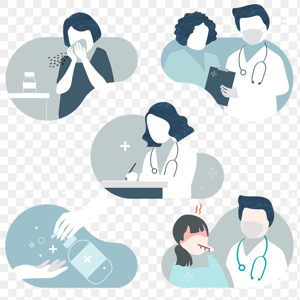 Virus symptoms and healthcare characters element set transparent png