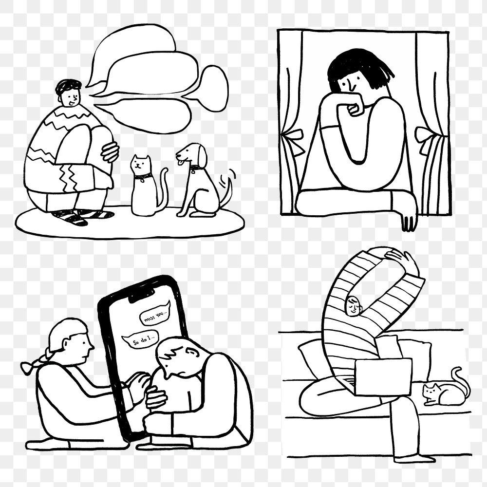 Social issues during the coronavirus crisis doodle element set transparent png