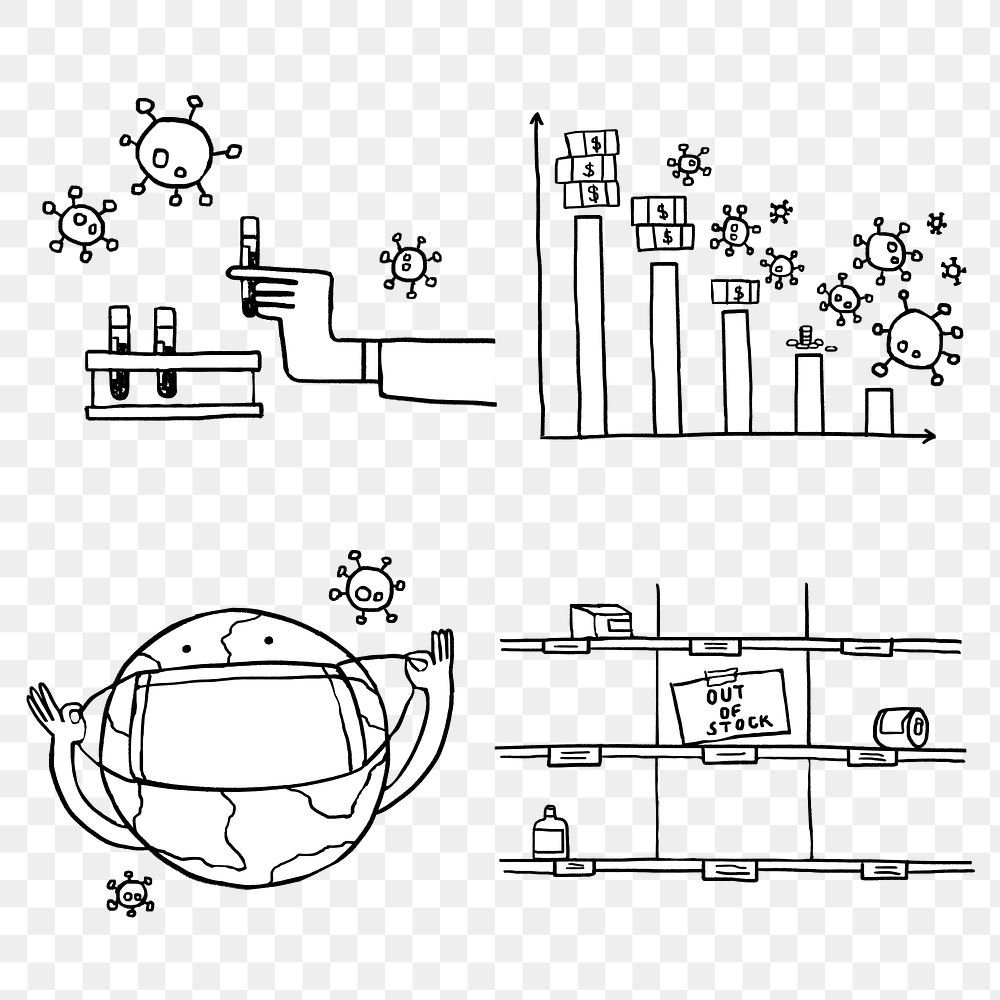 Social issues during the coronavirus crisis doodle element set transparent png