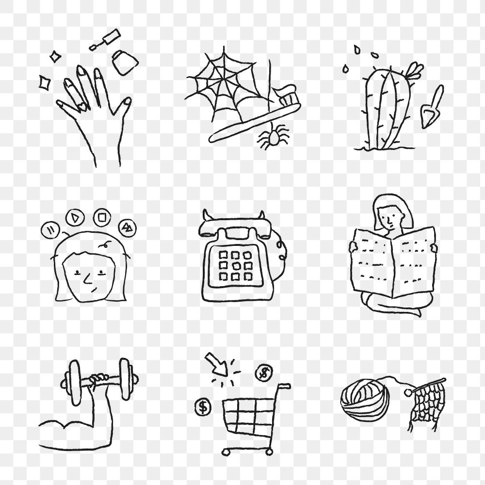 Activities at home doodle style design element set