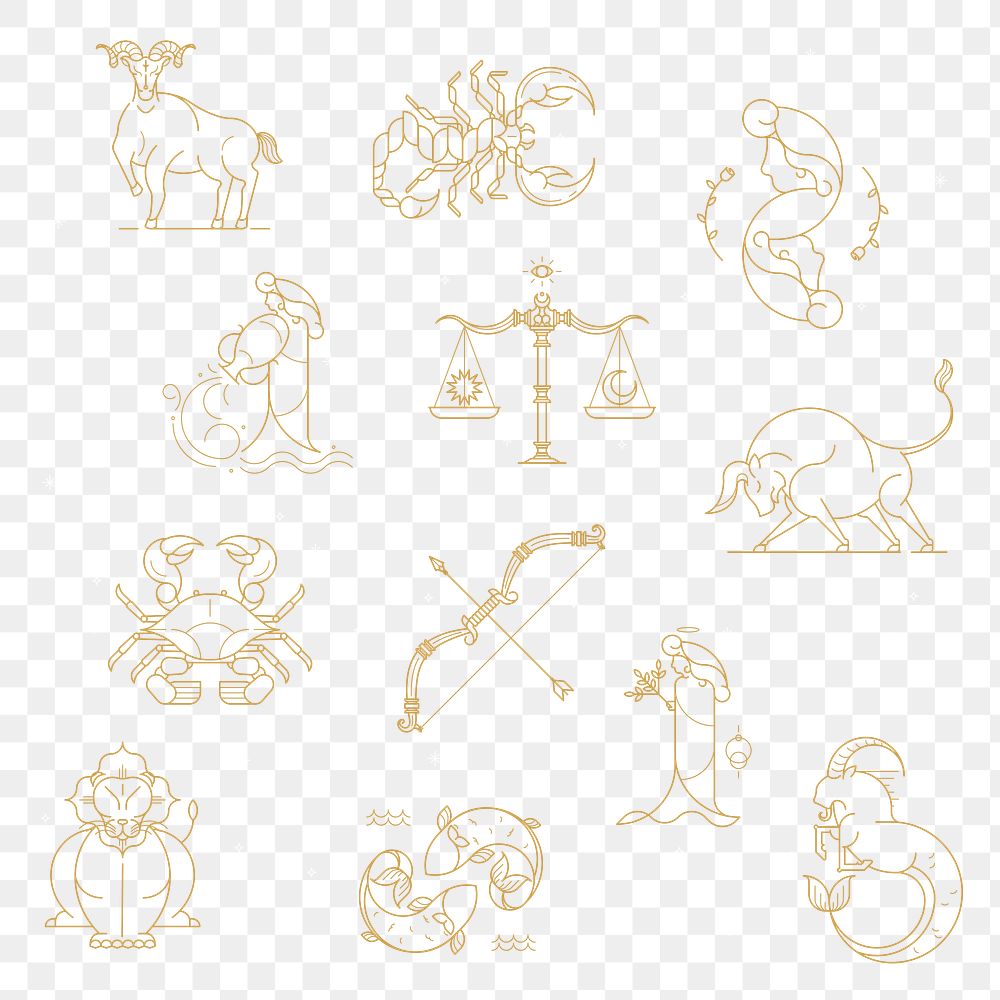 Golden zodiac signs design element set