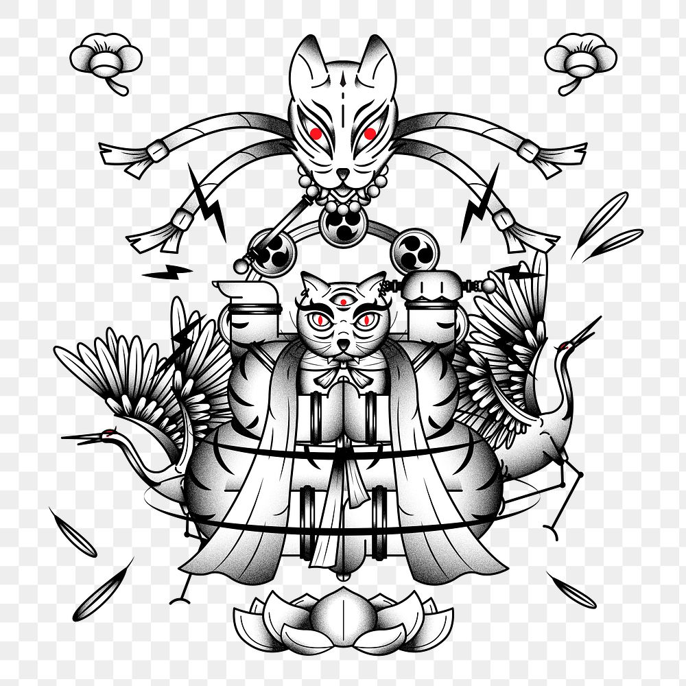 Bakeneko with Raijin drums, Japanese monster cat tattoo design element