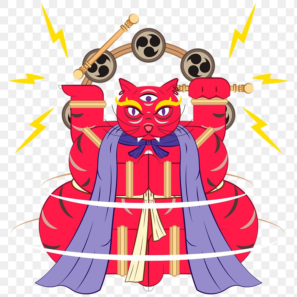 Bakeneko with Raijin drums, Japanese monster cat tattoo design element