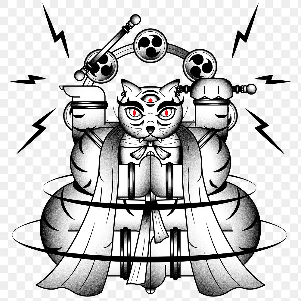 Bakeneko with Raijin drums, Japanese monster cat tattoo design element