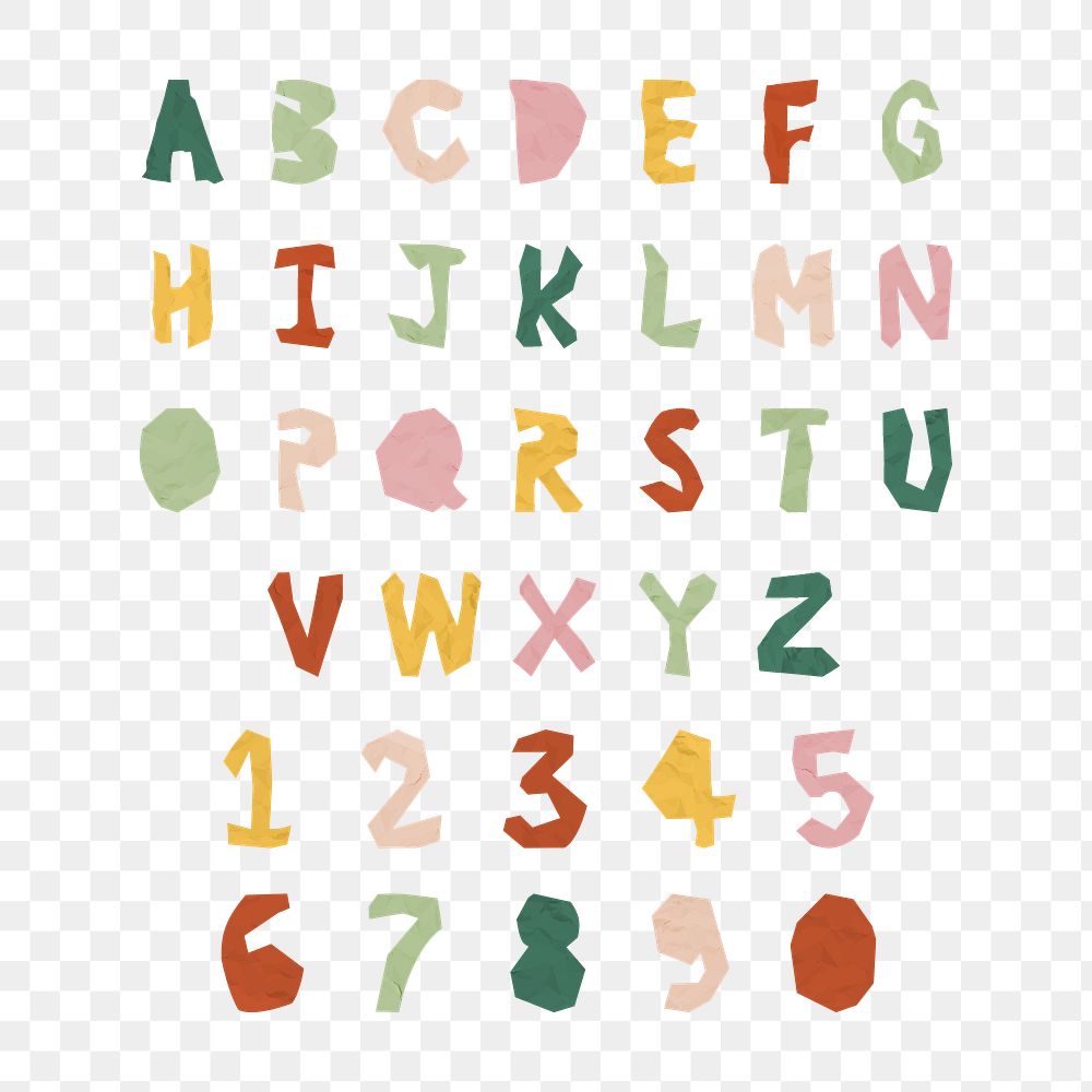 Paper cut alphabet and number png typography letter set