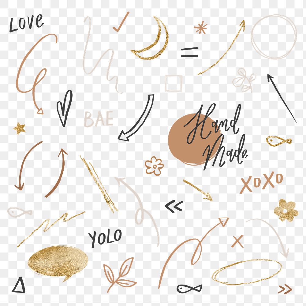 Cute doodle png set in black and gold sticker