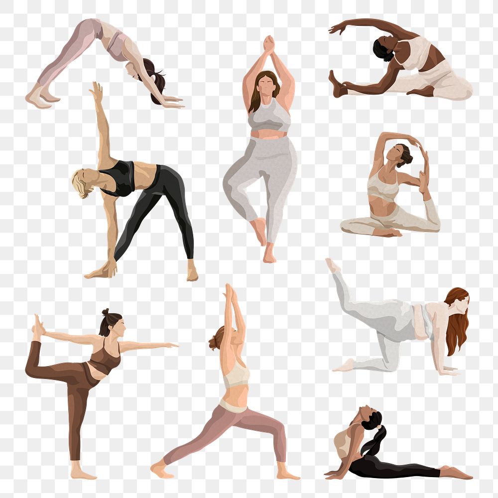 Yoga poses png aesthetic woman illustrations set