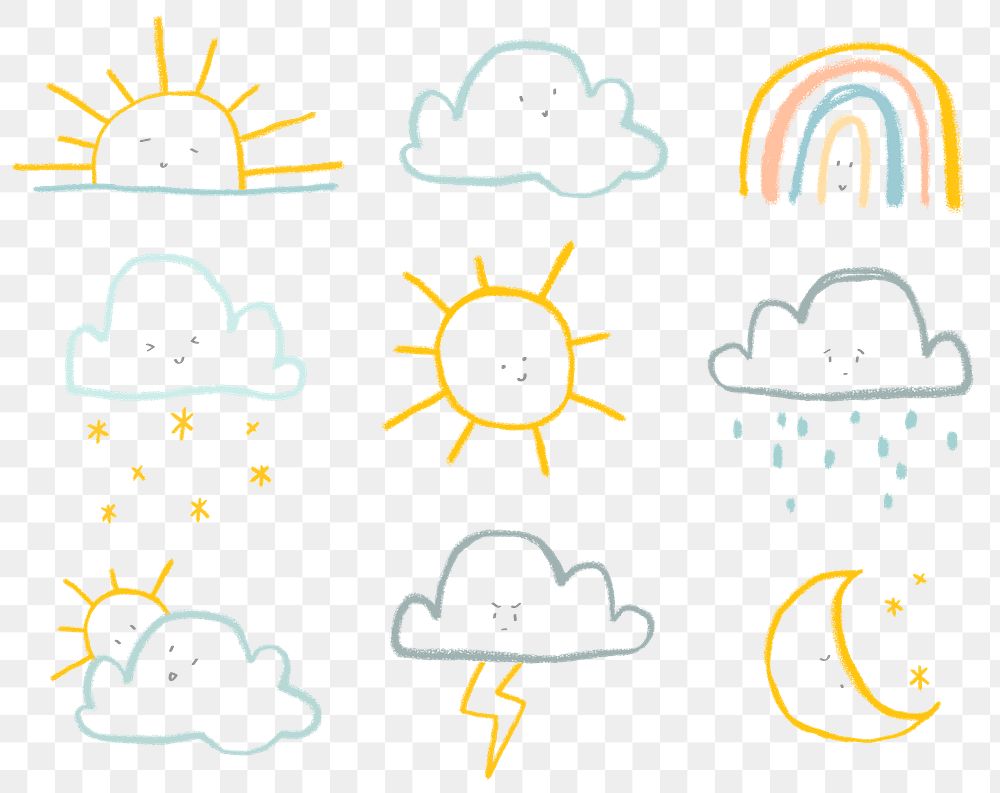 Clouds png weather forecast cute diary stickers set for kids