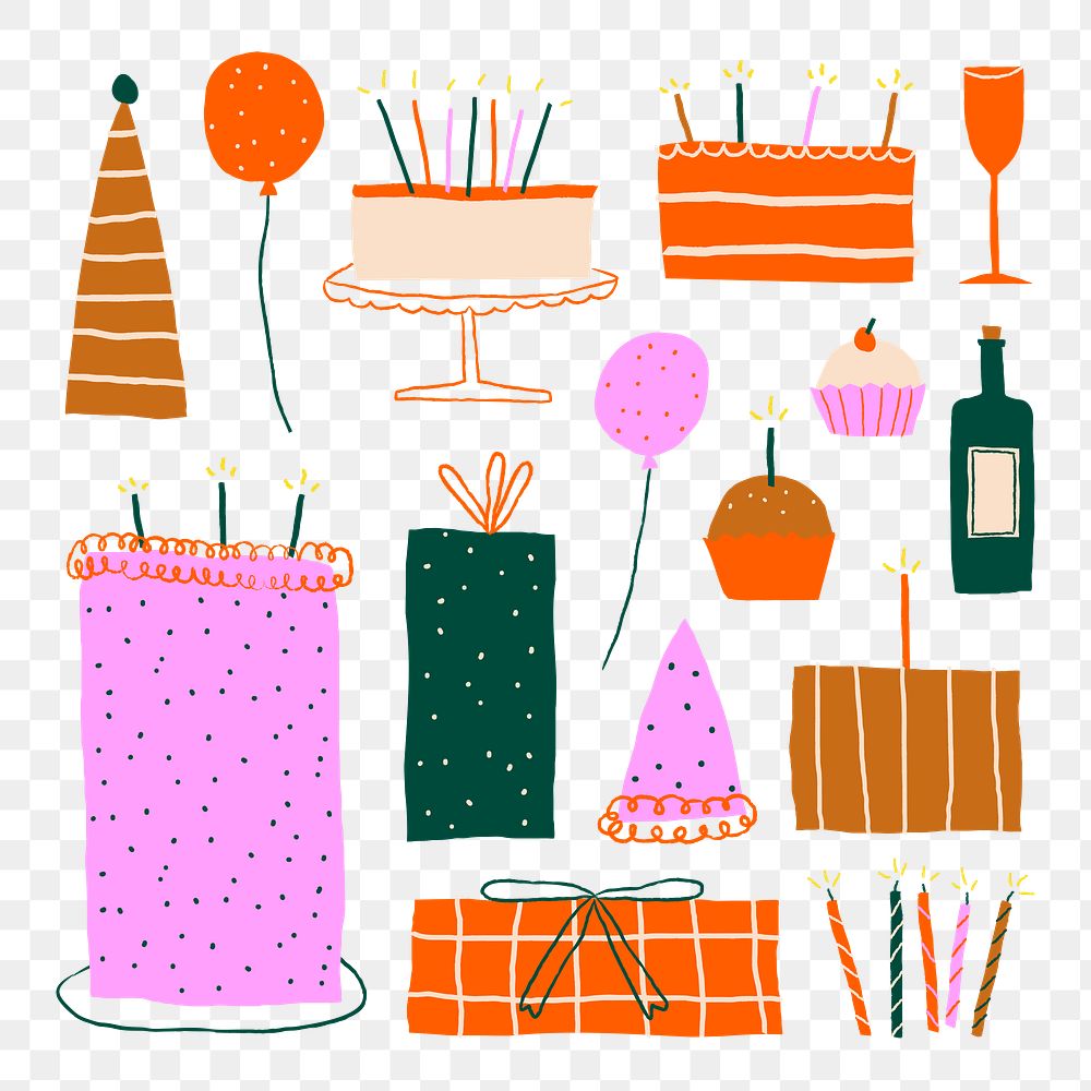 Birthday png stickers colorful cute doodle set