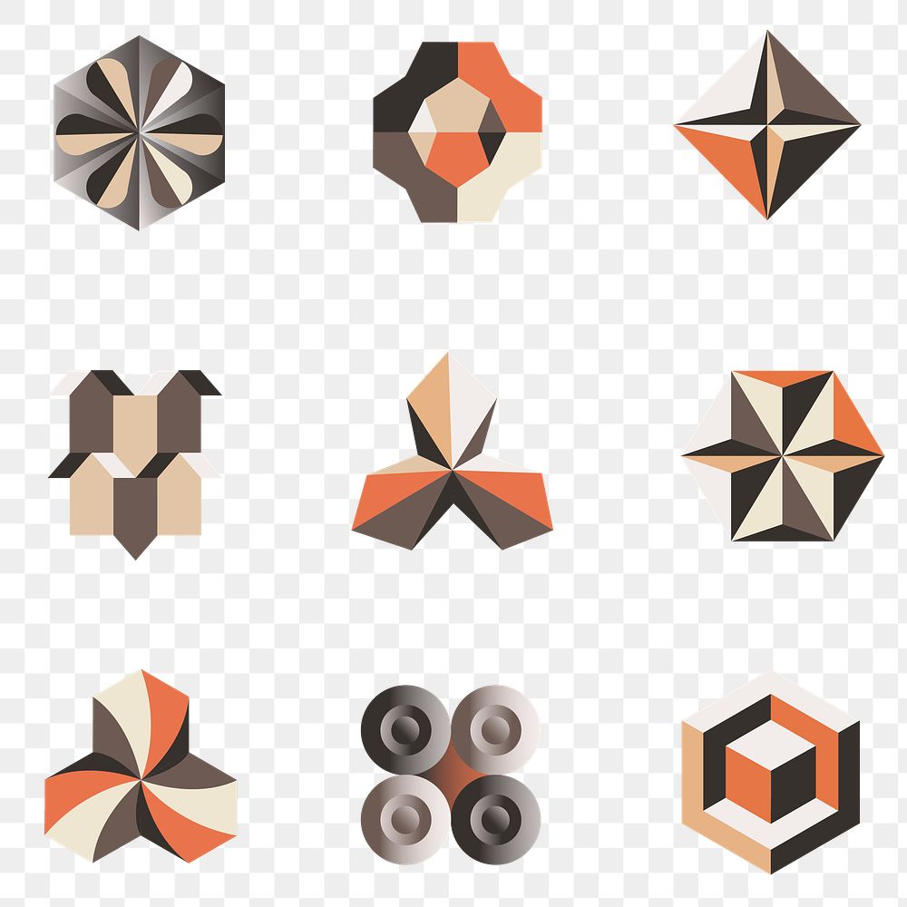 3D geometric shapes png in orange abstract style set