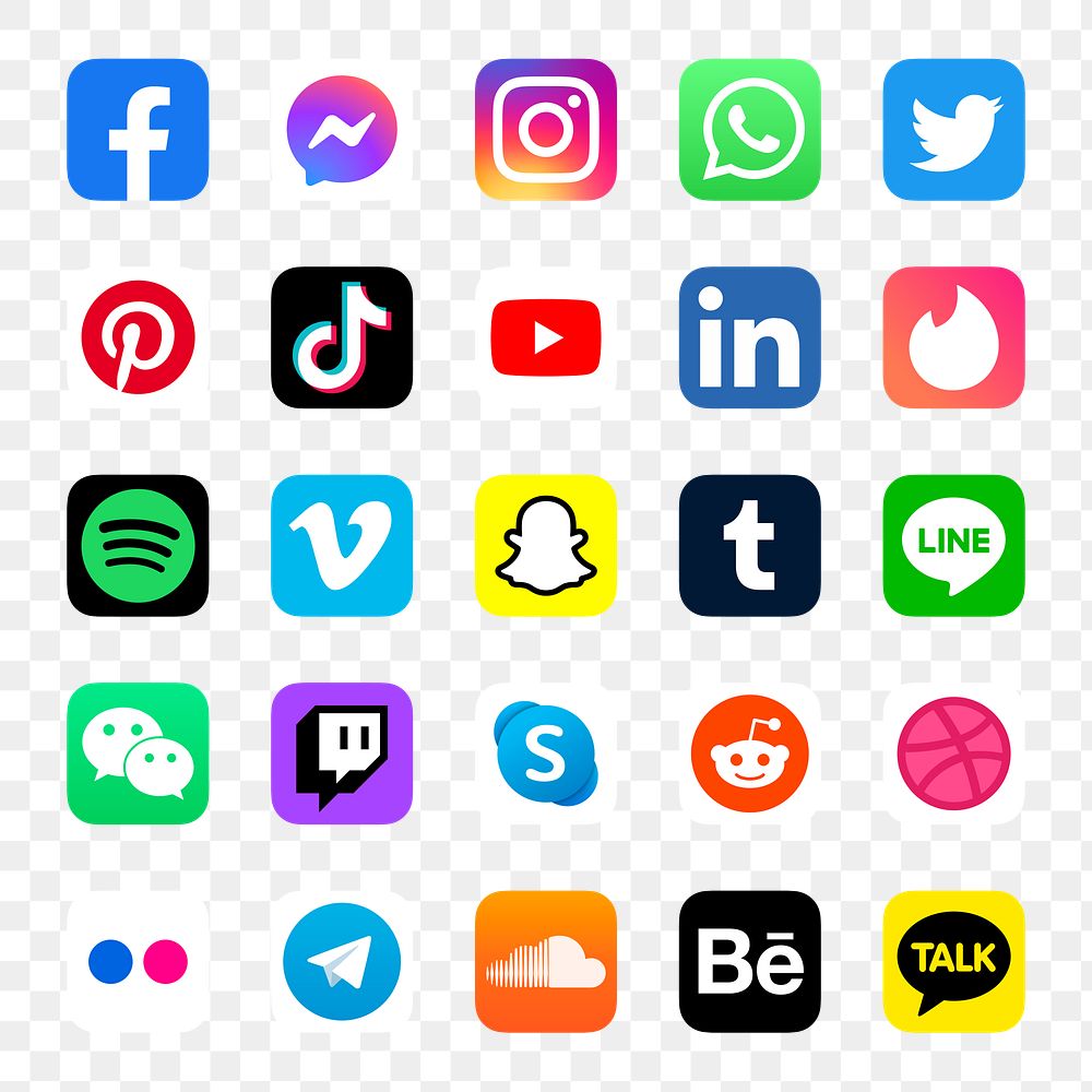 PNG social media icons set with Facebook, Instagram, Twitter, TikTok, YouTube logos