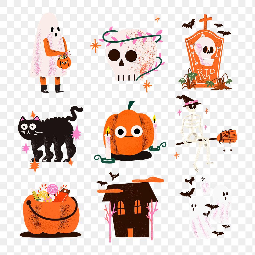 Halloween PNG sticker set in cute doodle style