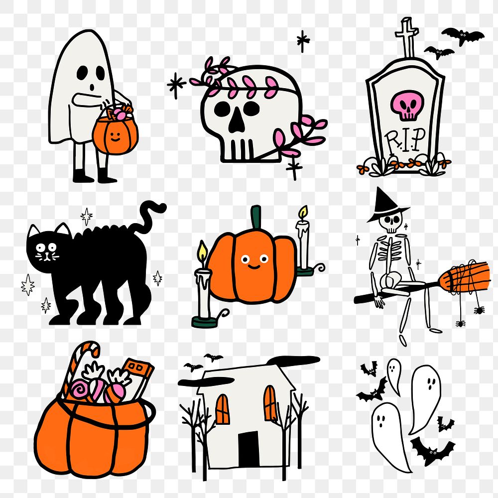 Halloween PNG sticker set in cute doodle style